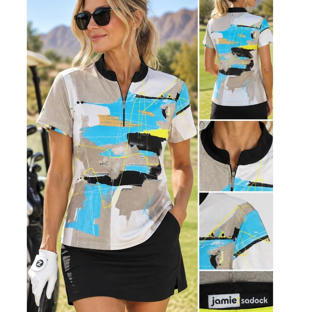 Jamie Sadock Golf Polo Shirt Women Abstract Print Zip Neck Short Sleeve Athletic